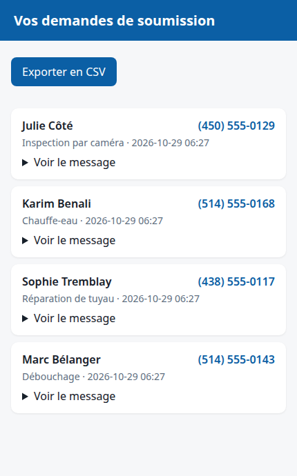 Votre portail Présence Locale : la liste de vos demandes de soumission